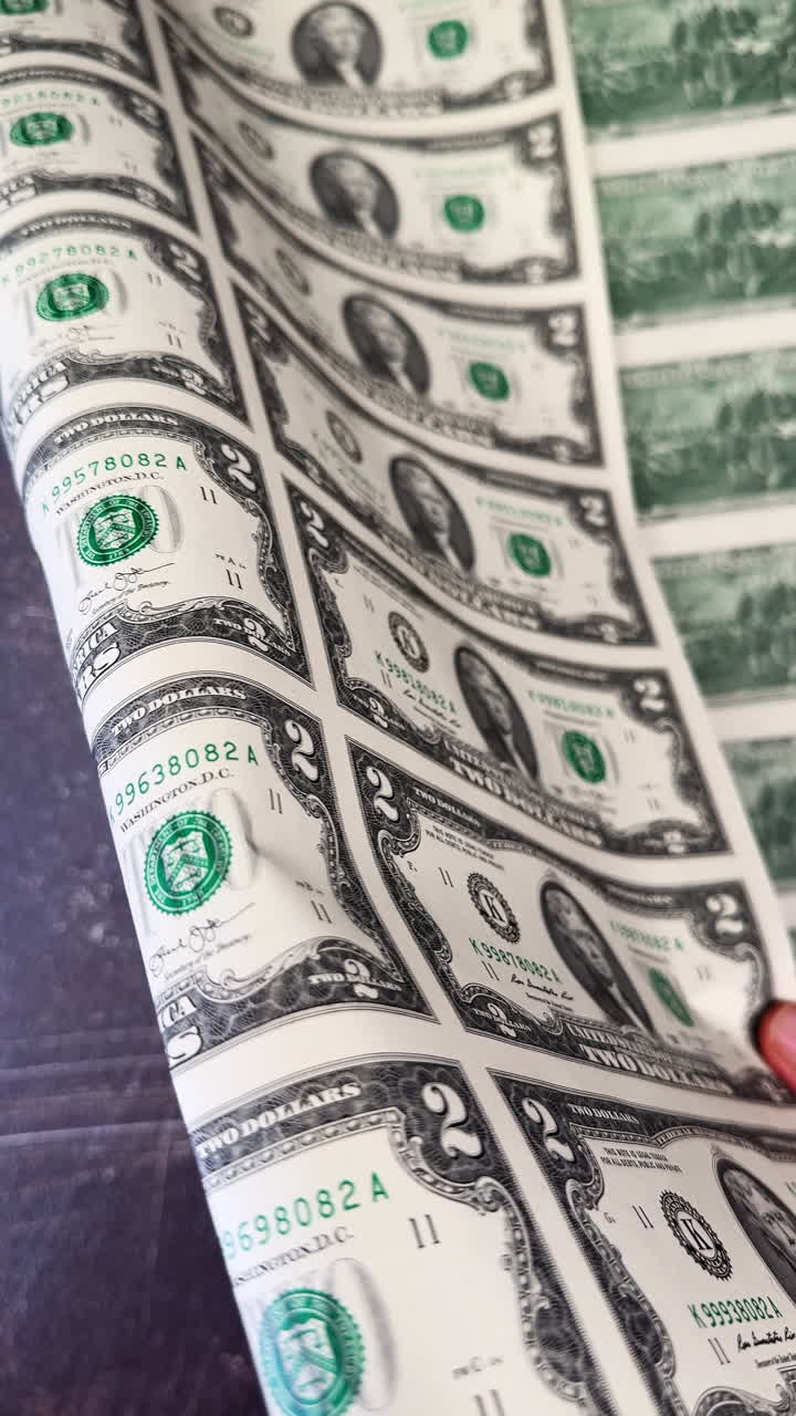 Diverse banconote da due dollari stampate sul foglio. Banconote americane non tagliate tenute dalla mano. Primo piano. Video verticale.