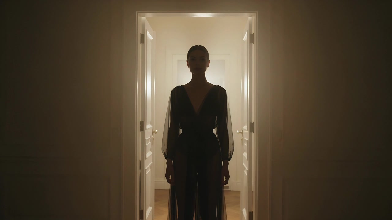 Donna in posa con un lungo abito scuro che avanza, sistemandosi sulla soglia di casa, una lampada crea un bagliore verde.