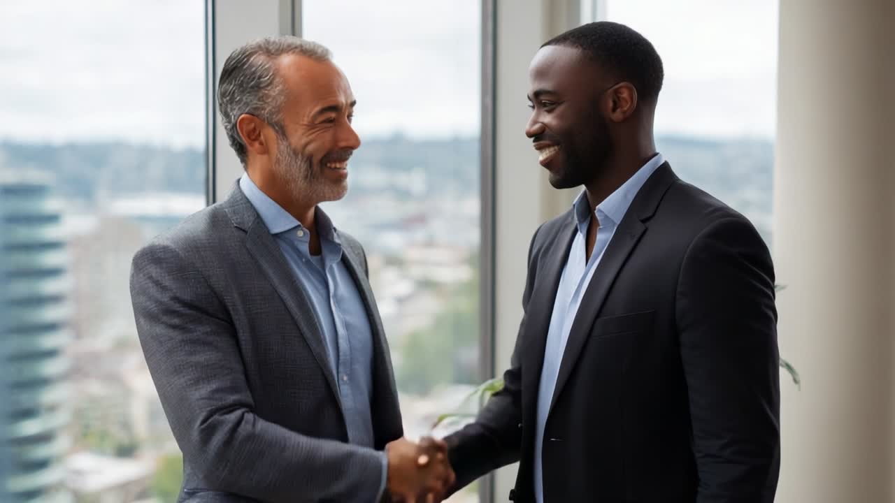 A Professional Handshake Between Two Businessmen Marking the Start of a New Partnership or Agreement in a Modern Office Setting with a Beautiful City View in the Background