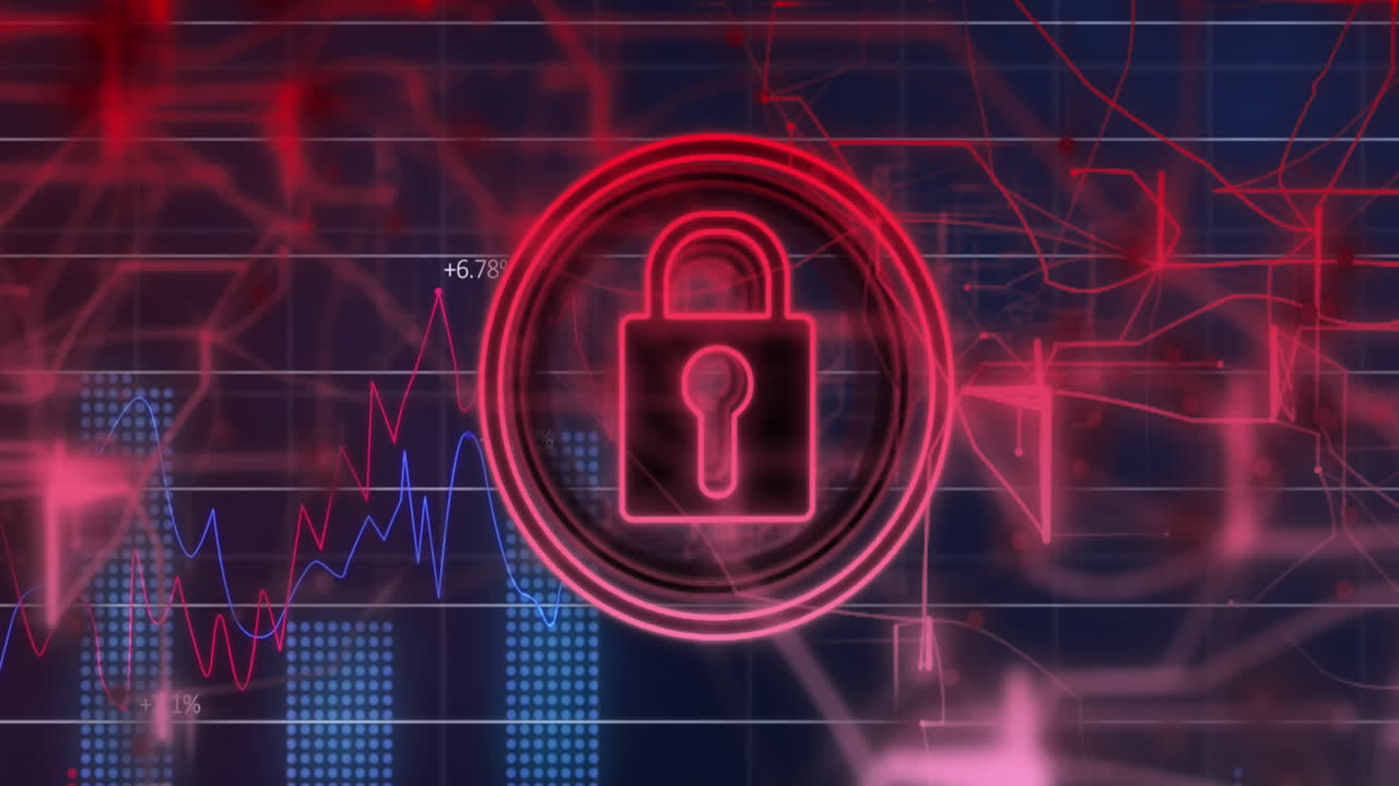 animación del icono del candado de seguridad y procesamiento de datos estadísticos contra un fondo azul.