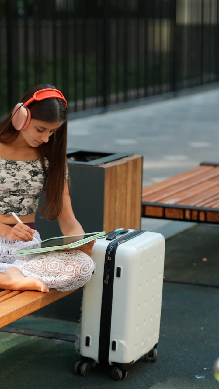 mujer joven dibujando en la tableta en el parque