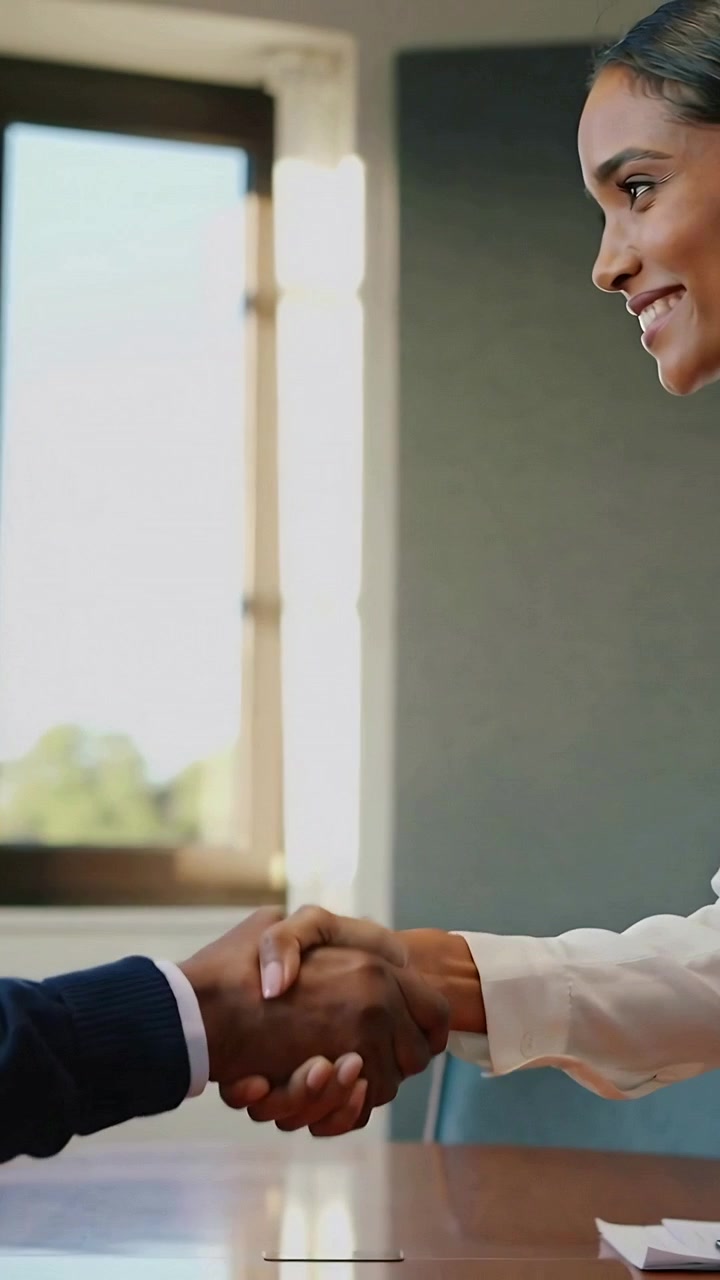 Video verticale: Stretta di mano dopo che un uomo si avvicina in ufficio per salutare una donna in camicetta, con documenti presenti.