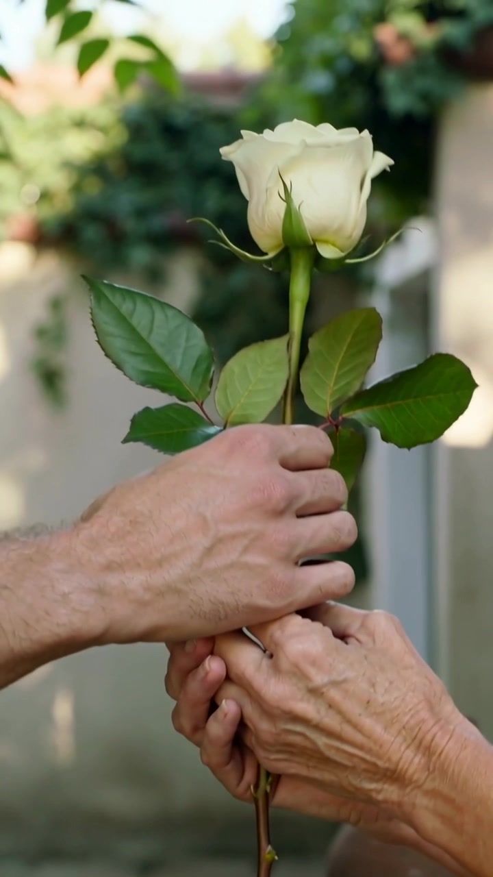 Video vertical: Podando una rosa blanca en un jardín con tijeras que aparecen, hombre y mujer entregando una flor.