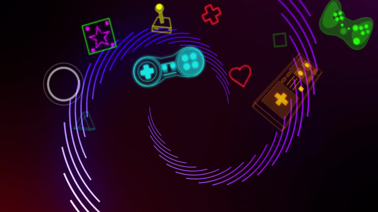 Animation of gaming icons and blue shapes on black background