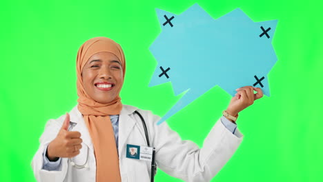 Muslim-woman,-doctor-and-thumbs-up-with-speech