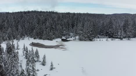 Frozen-lake-in-winter,-woods-covered-in-fresch-snow,-aerial-view,-Crno-jezero,-Black-lake,-Pohorje,-Slovenia