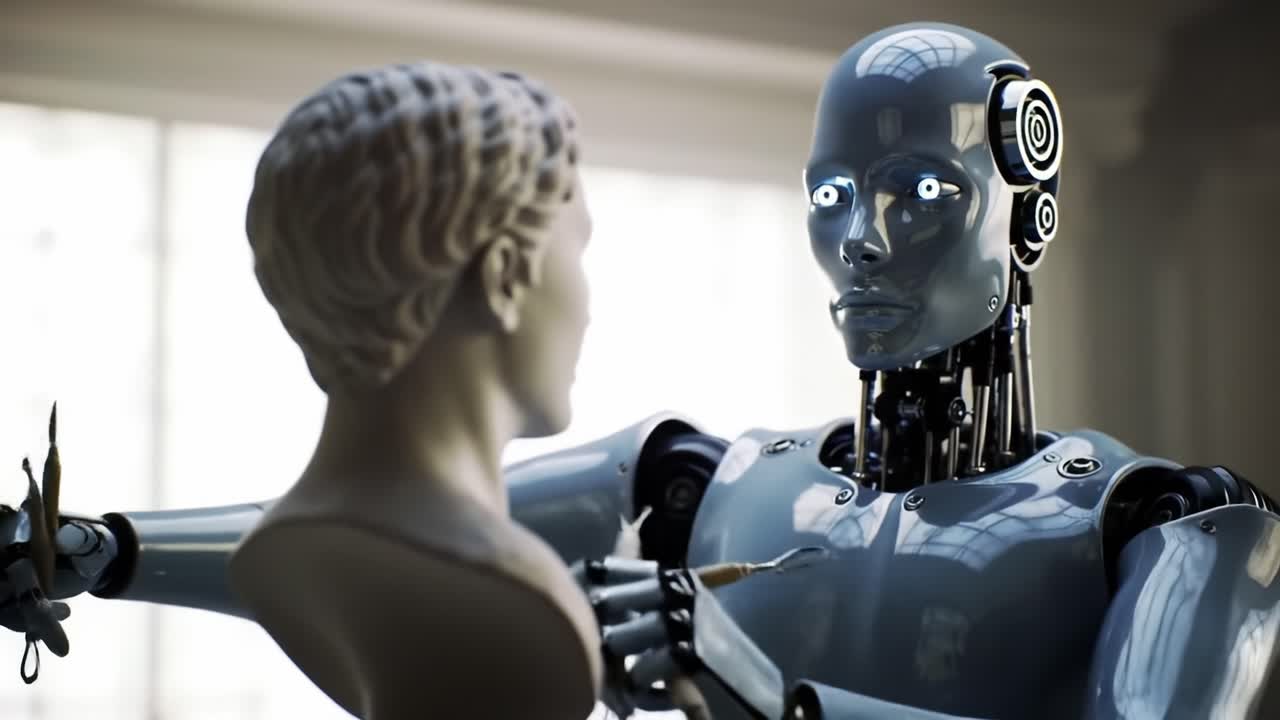 A robot artist skillfully chisels a sculpture in a contemporary art studio. The harmonious blend of art and technology showcases innovation and creativity through the robotic process.