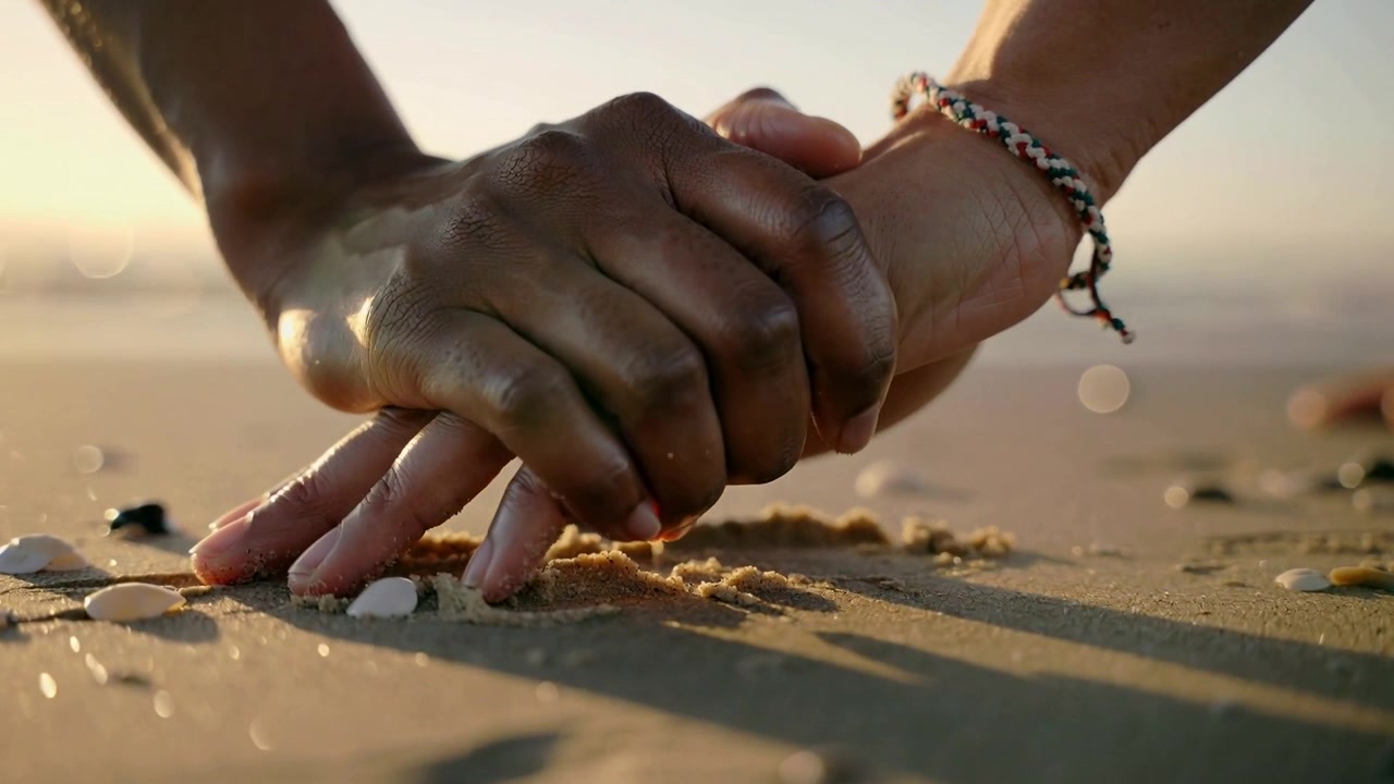 Joining hands with braided band moving palms near shells, pressing sand on shore seeking closeness