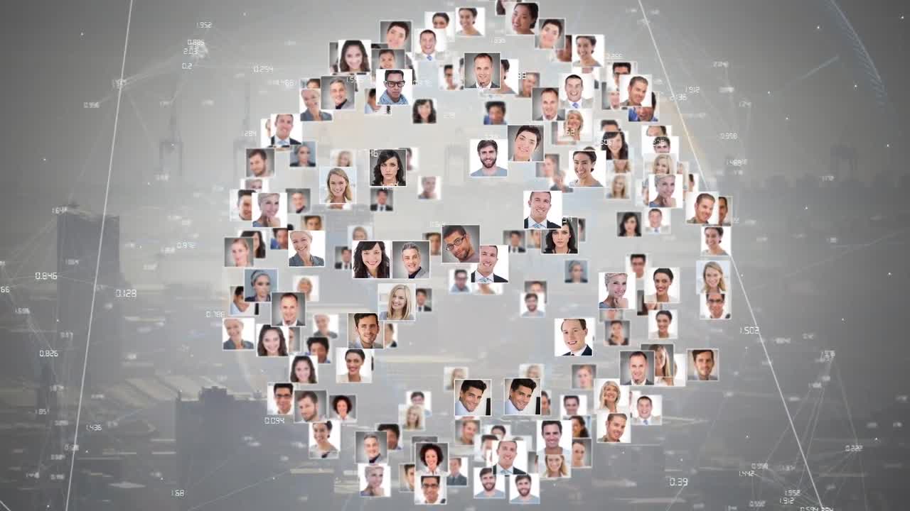 다양한 사람들의 초상화와 도시 풍경에 대한 데이터 처리를 가진 지구의 애니메이션