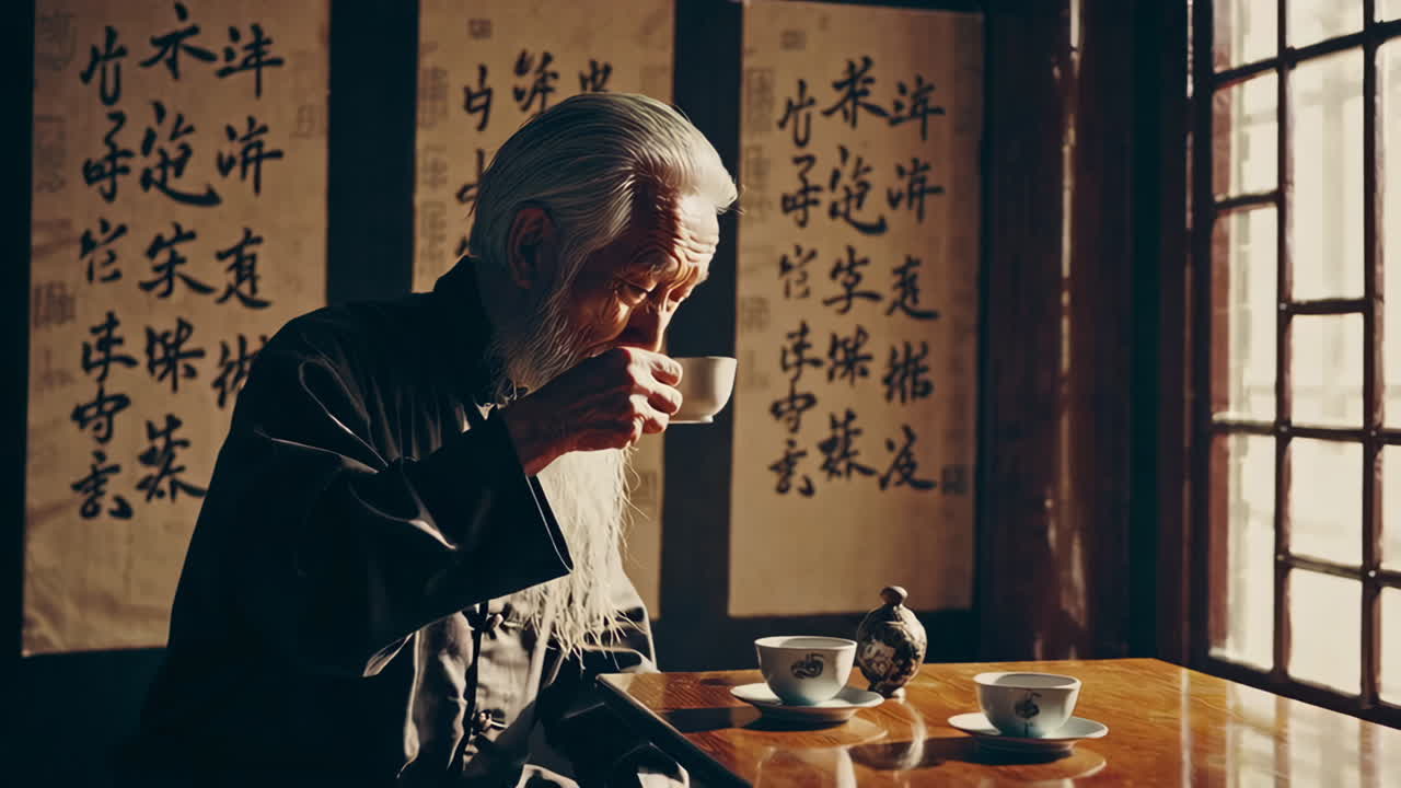 Elderly Man Enjoying Tea in Traditional Chinese Setting