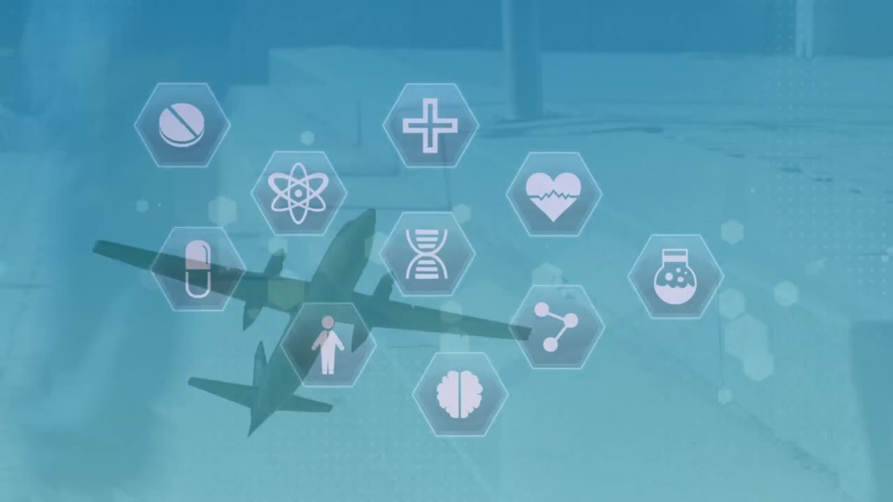 육각형의 여러 아이콘의 애니메이션, 비행기 위를  ⁇ 고 있는 사람들의 타임  ⁇ 스