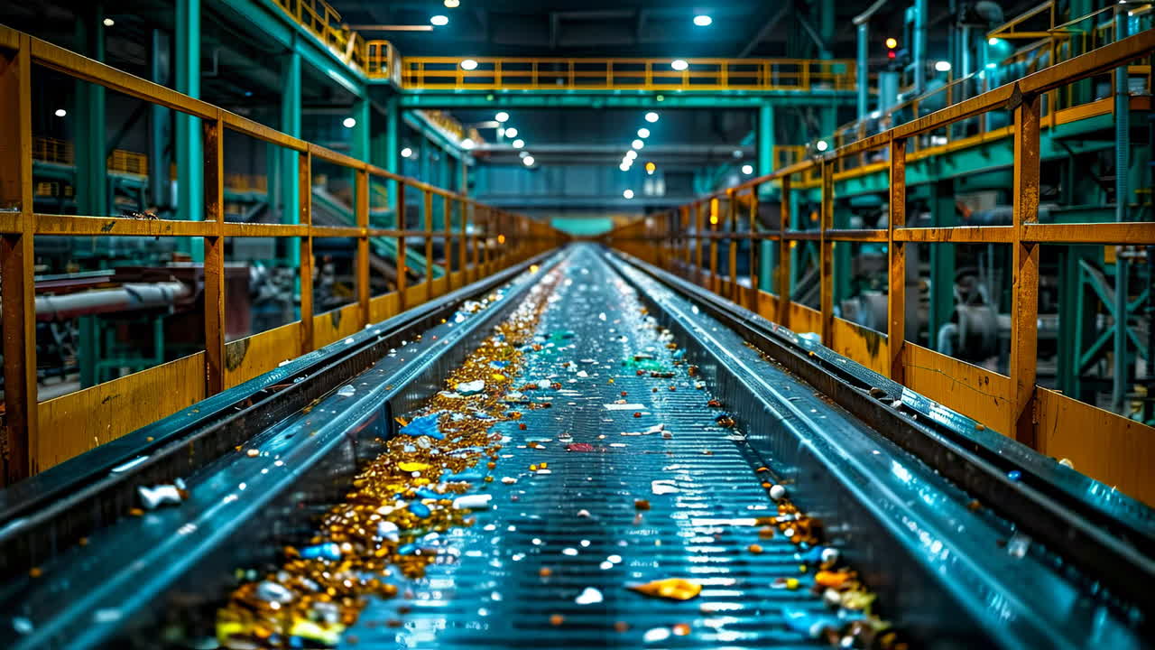 Factory cleaning process. Factory workers manage a production line with debris scattered on the conveyor belt during daytime operations