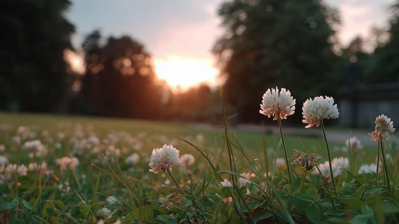 A Beautiful Sunset Illuminating a Tranquil Meadow Filled with Delicate White Clover Flowers, Capturing the Essence of Nature's Serene Beauty and Peacefulness