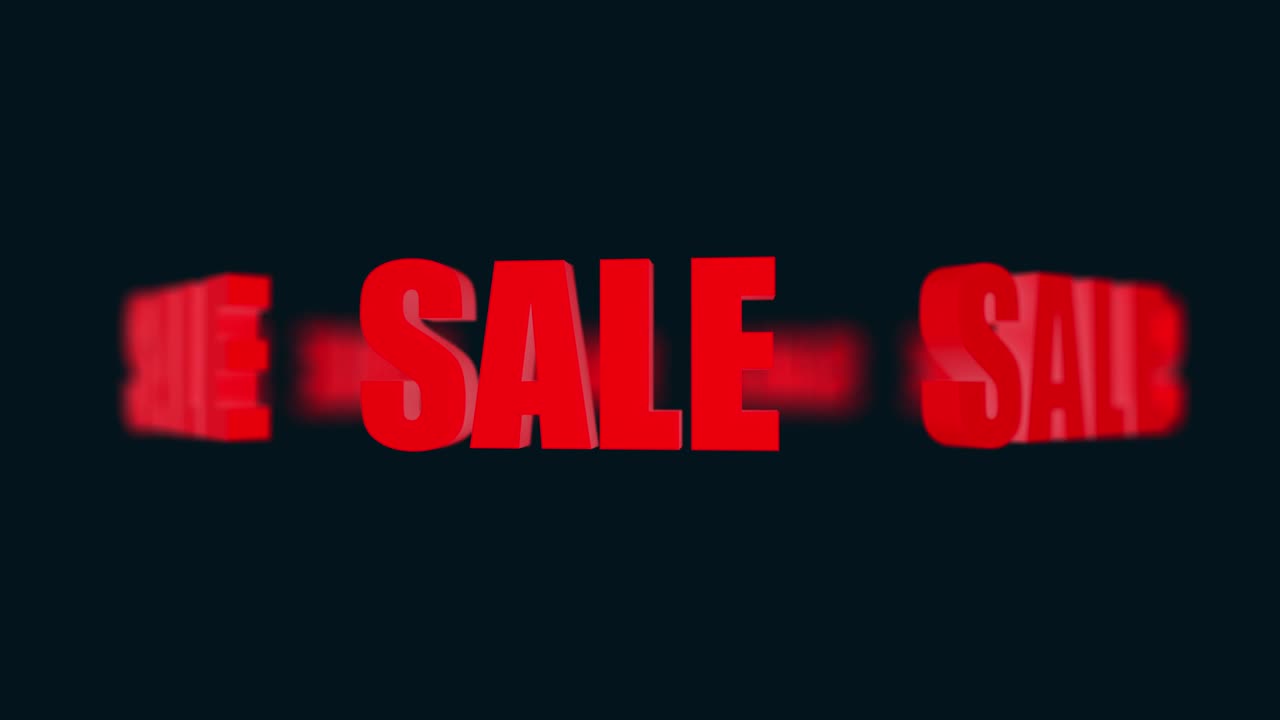 Ordene "udsalg" roterer. Sort baggrund. 4K. Looped animation. Annoncering af rabat og udsalg