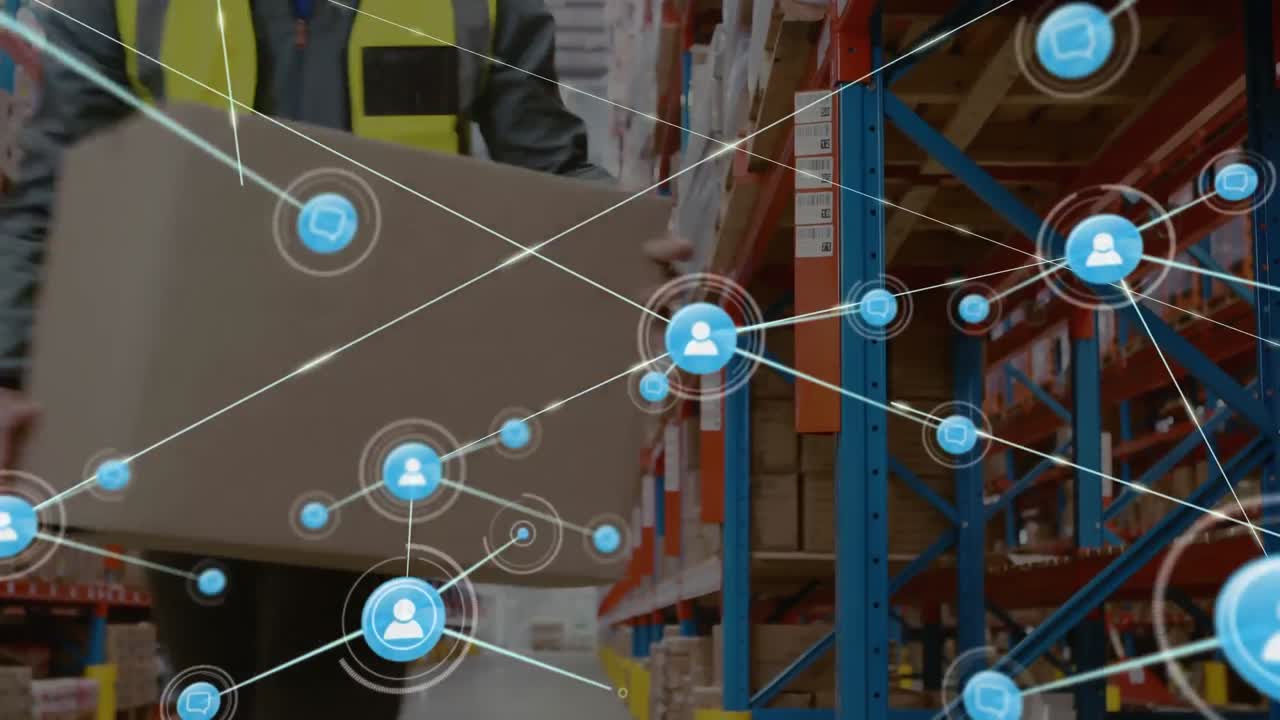 animación de la red de conexiones con iconos sobre el hombre que trabaja en el almacén