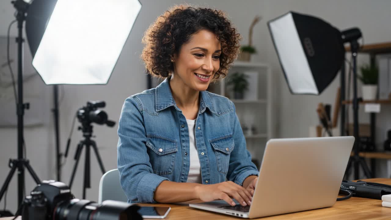 Engaged in Creative Work: A Young Woman Captivated by Her Laptop in a Professionally Equipped Studio Surrounded by Photography Gear and Lighting Equipment