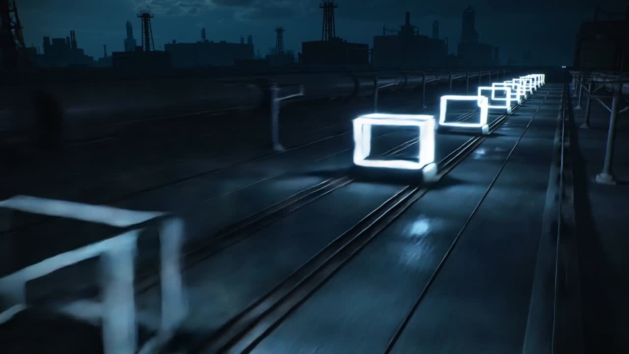 Un vagone ferroviario aperto e illuminato che si muove di notte lungo binari paralleli bagnati, seguendo un segnale.
