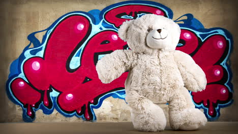 teddy bear in front of graffiti art