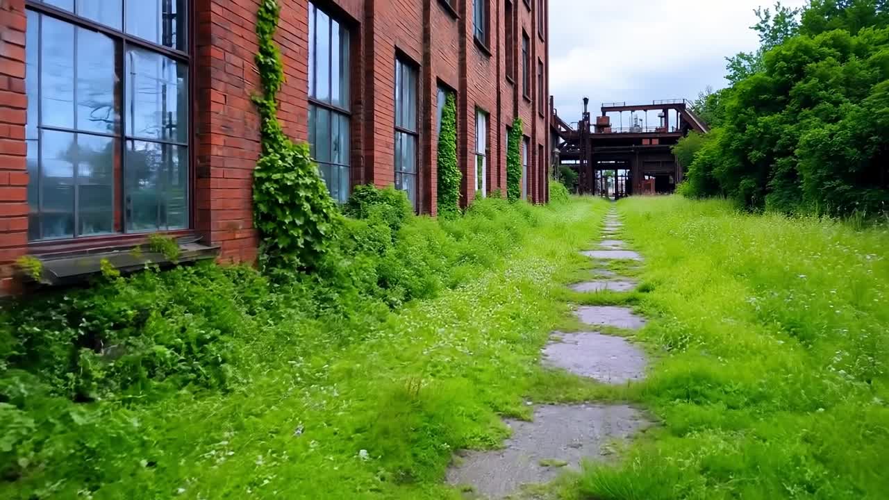 벽돌 건물 에 있는 잔디의 한가운데의 길