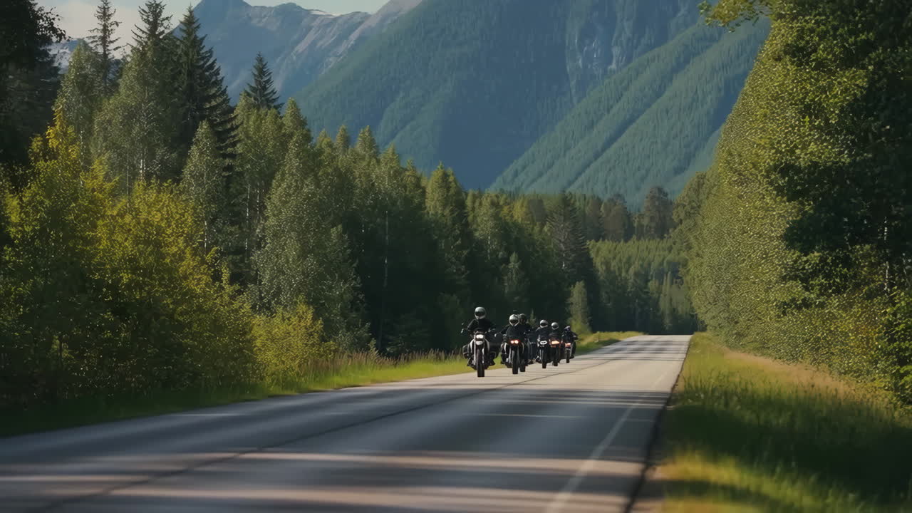 Motorcycle Group Ride Through Scenic Mountain Forest