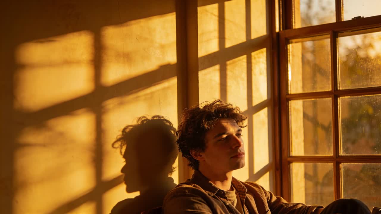 Sitting man watching trees as sunlight pouring through wooden window, casting grid shadow in jacket