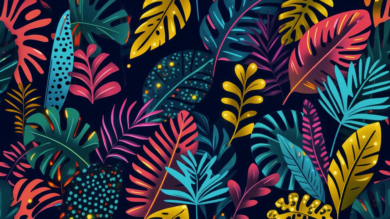 Vibrant Tropical Leaf Pattern with Colorful Botanical Illustration
