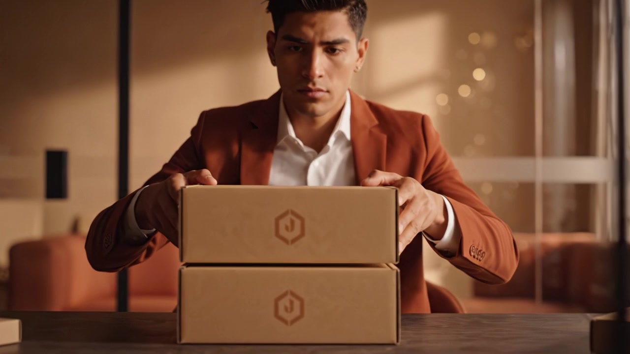 A Thoughtful Young Man Analyzing Two Identical Brown Boxes on a Stylish Desk in a Cozy Indoor Setting, Capturing Curiosity and Anticipation in Each Moment