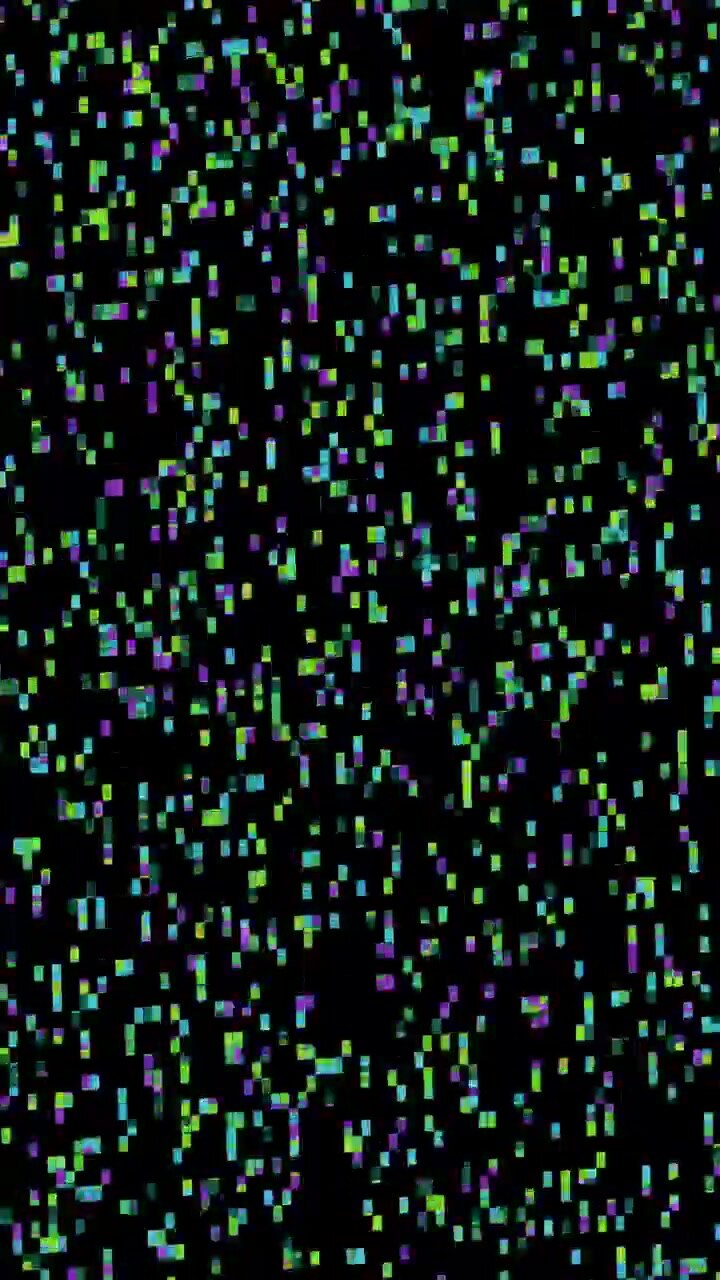 Effetto Glitch Digitale Astratto con Pixel Verdi e Viola Fluttuanti