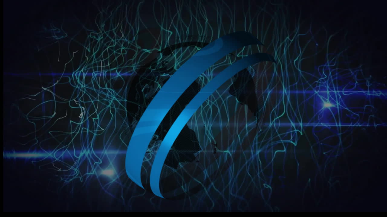 Animation of data processing with globe over light trails on black background