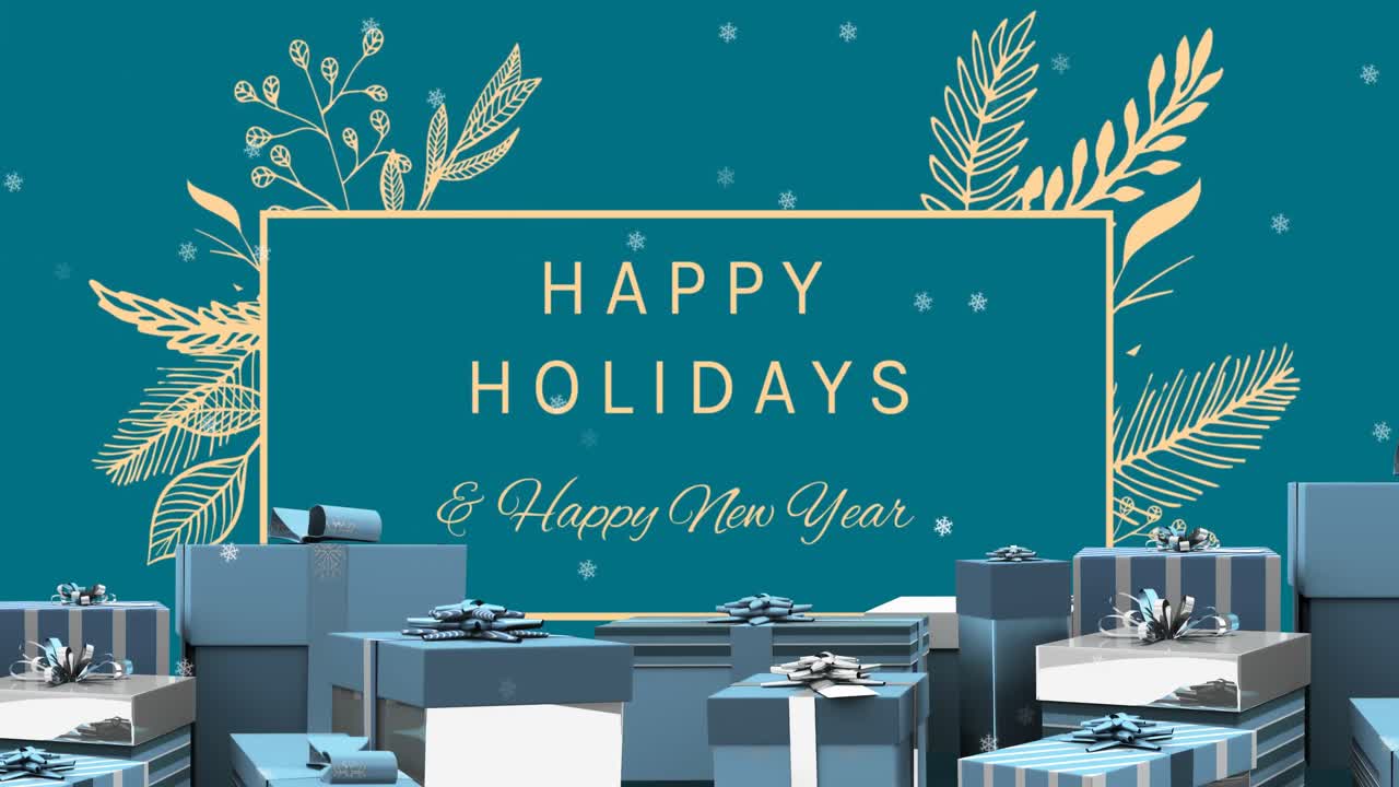 행복한 휴일과 행복한 새해의 애니메이션 선물과 눈이 떨어지는 텍스트