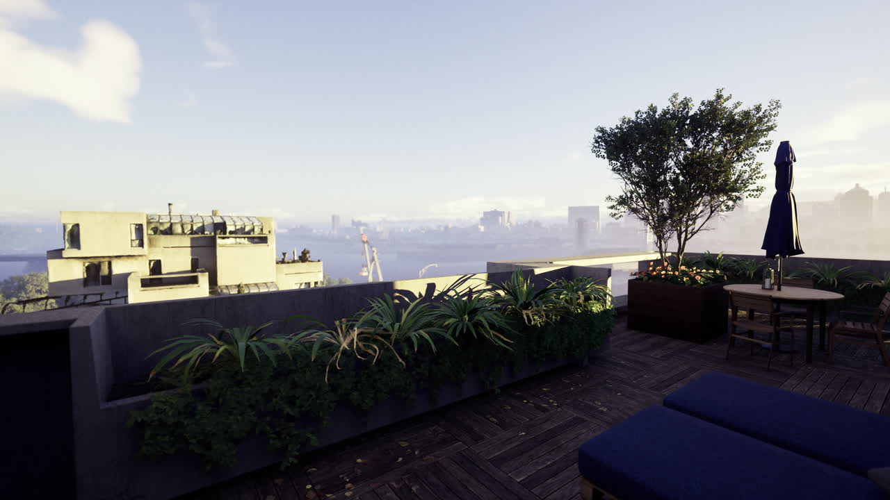 Relaxing rooftop terrace with modern furnishings and city skyline view