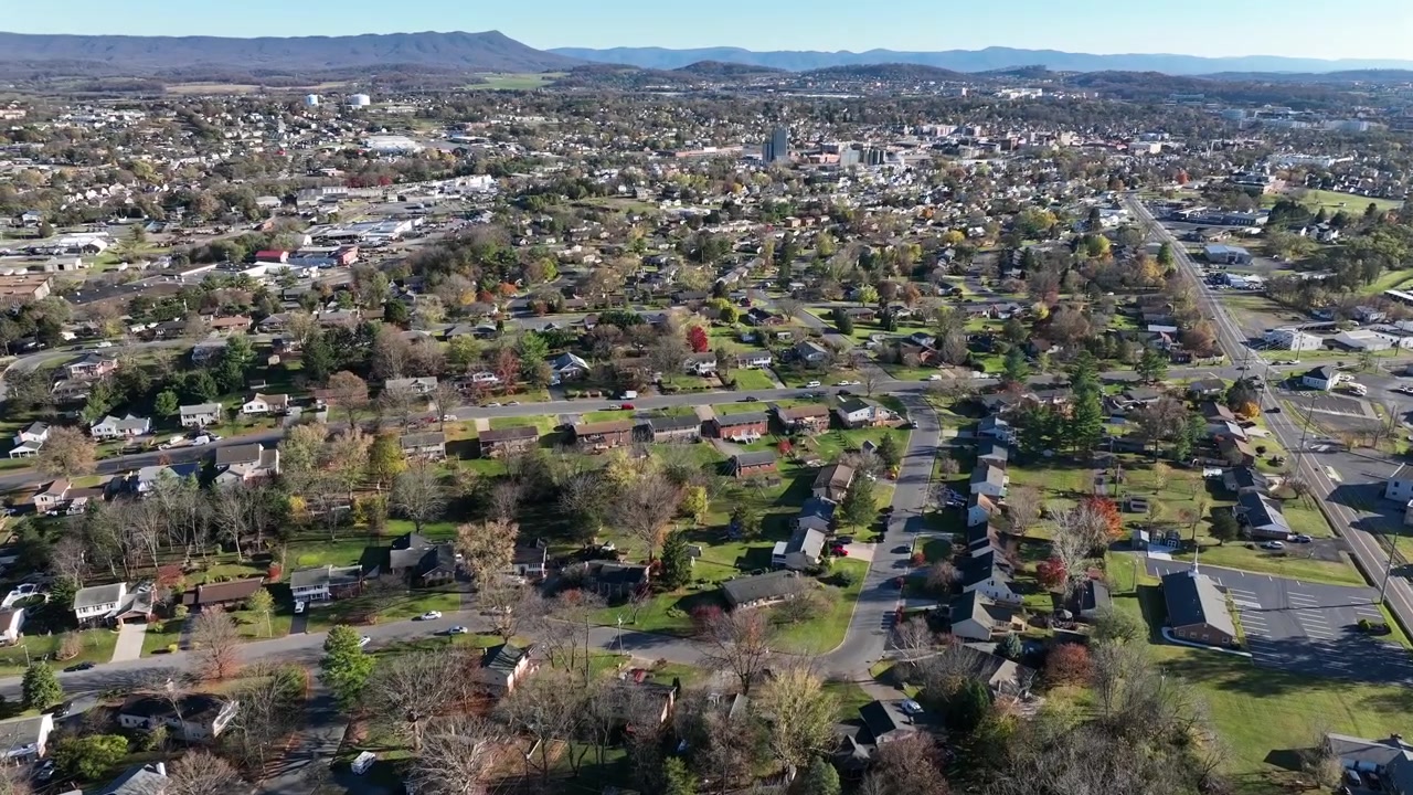 Quartiere periferico in una giornata di sole negli Stati Uniti. Centro di una piccola città americana sullo sfondo. Fogliame colorato degli alberi in giardino. Ampia ripresa aerea. Virginia, USA