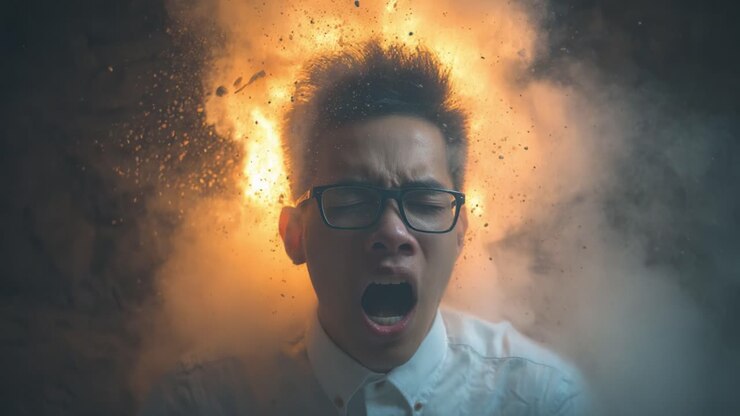 A young man with glasses screams in anguish as a dramatic explosion erupts behind him, surrounded by smoke, capturing a moment of intense emotion and chaos
