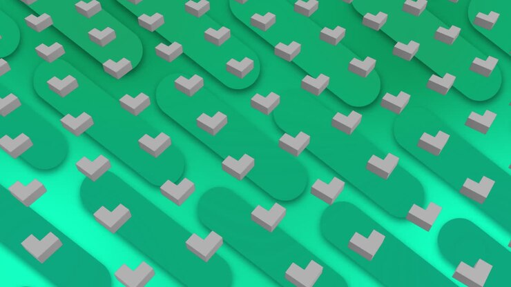Animation of abstract 3d shapes and textured shapes in in seamless pattern against green background