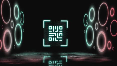 animation of flickering neon qr code scanner and circular shapes against black background