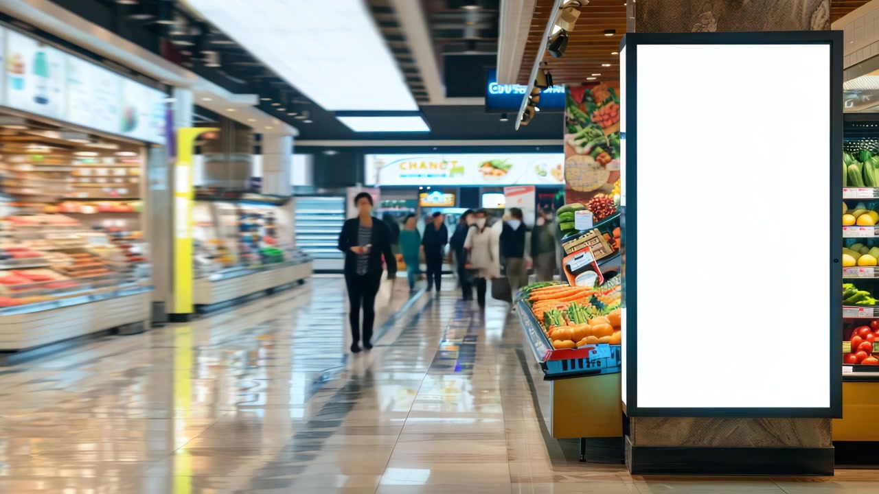 Pessoas Passando por um Outdoor de Publicidade Vazio em um Supermercado Movimentado