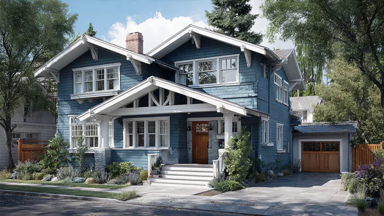 Elegant Blue Craftsman-Style House with Charming Front Porch Surrounded by Lush Greenery and Well-Manicured Landscape, Showcasing Timeless Architectural Beauty