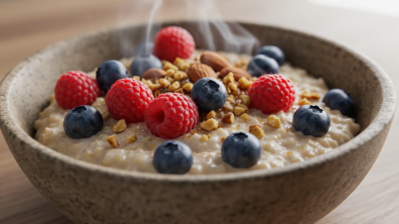 A Warm Bowl of Oatmeal Topped with Fresh Raspberries, Blueberries, Crunchy Almonds, and a Hint of Steam Rising in Morning Light