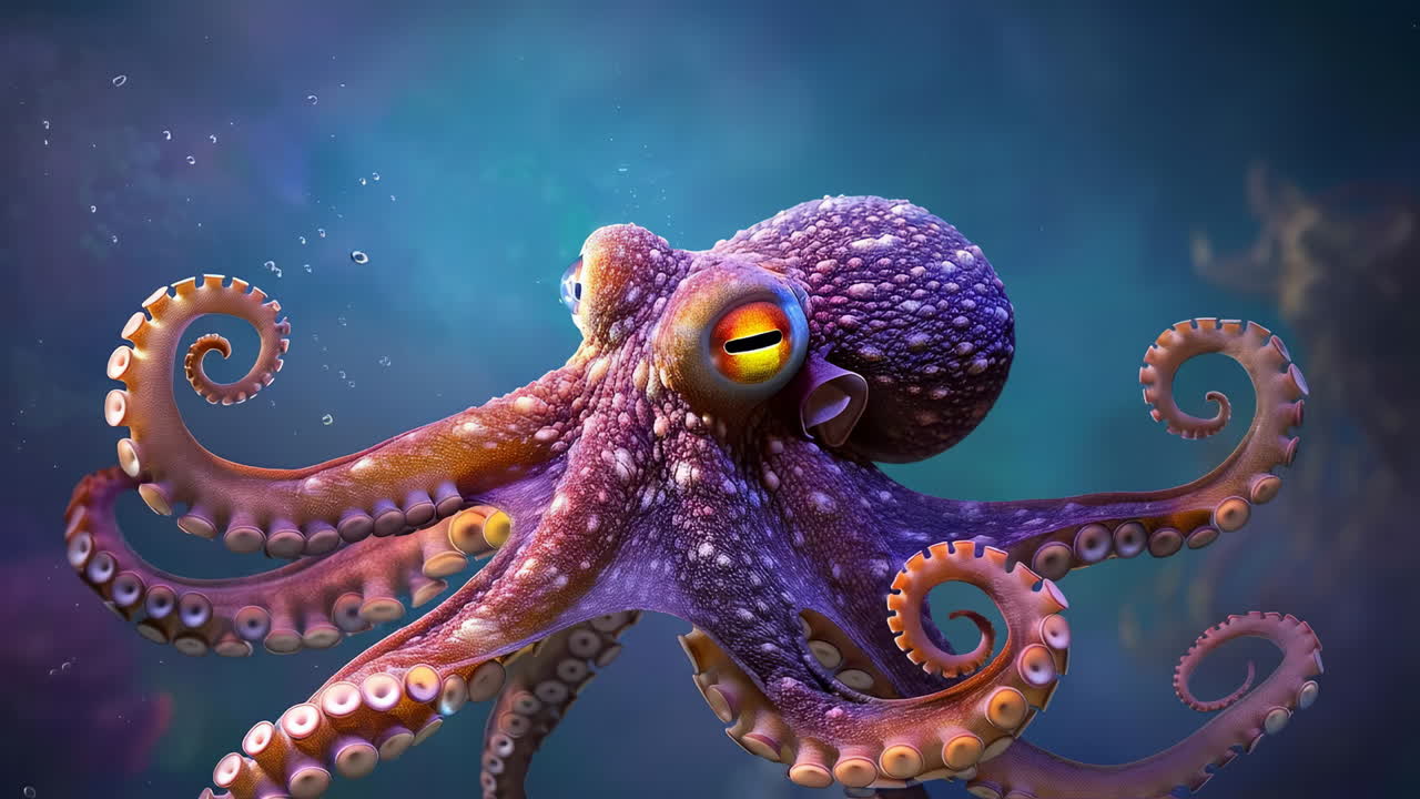 Vibrant octopus in deep ocean. A vibrant octopus glides gracefully through the water, displaying colorful patterns in a deep-sea scene