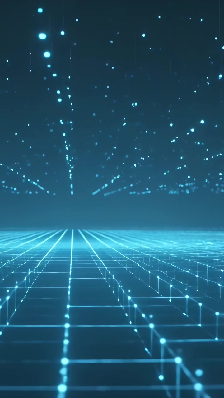 Video verticale: Griglia pulsante che emette impulsi con nodi che si innalzano verso l'orizzonte nel cyberspazio, mostrando il flusso.