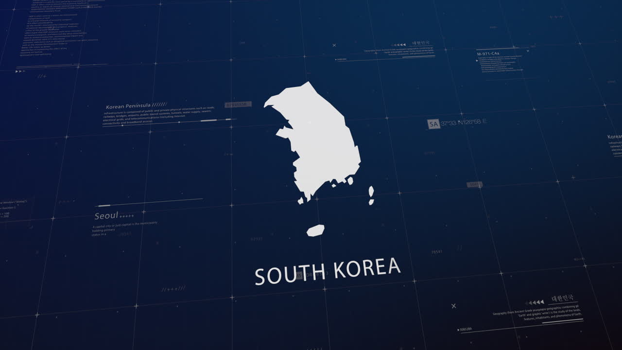 South Korea country map comes to life with cinematic panning, unveiling key details, the capital, and slogan, providing an engaging background for corporate and commercial use