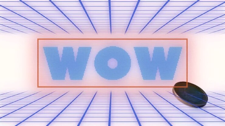 Animazione di testo "wow" su moneta e forme