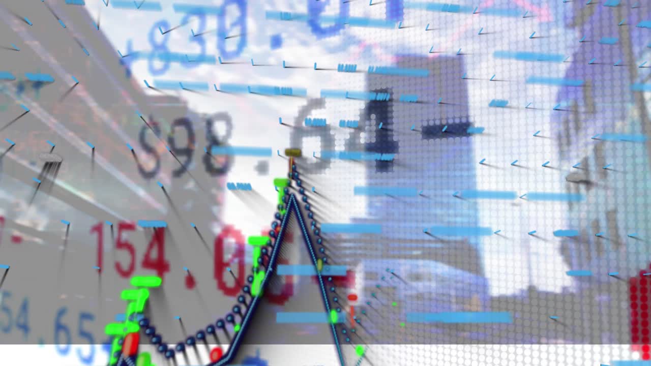 도시 풍경 위의 데이터 처리 애니메이션