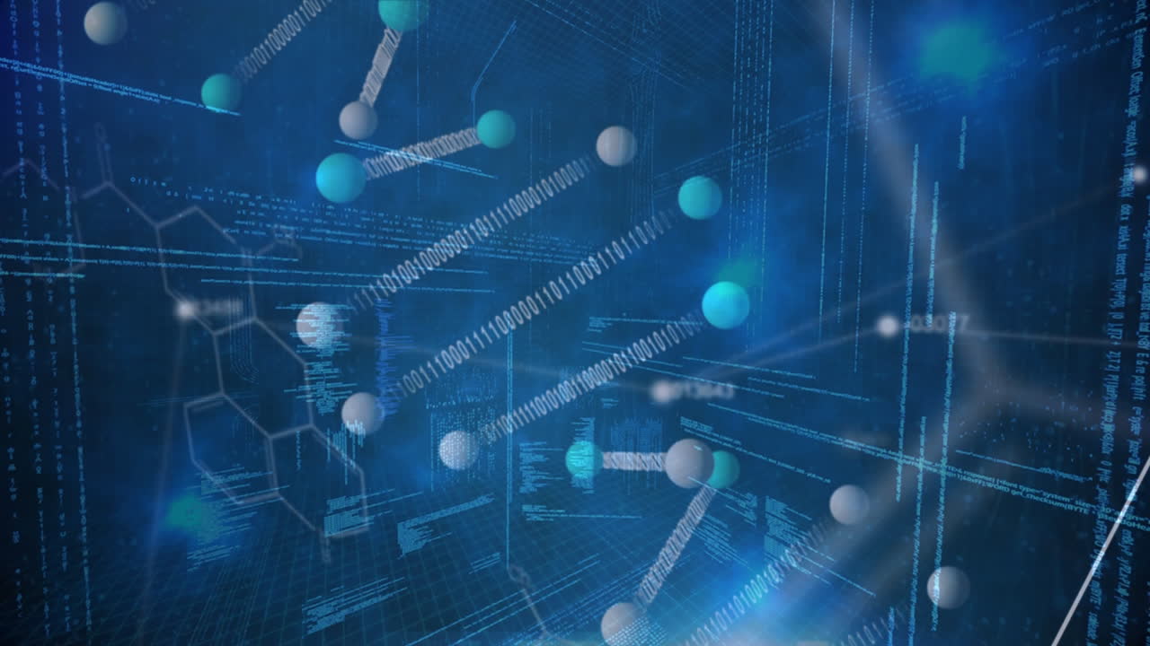 과학 구성 애니메이션 dna는 배경에 암호화된 텍스트와 결합됩니다.