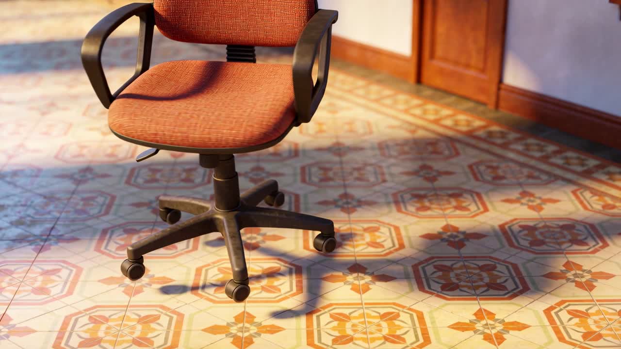 Sedia girevole a cinque razze che ruota, sistemandosi al centro vicino alla finestra, luce solare su piastrelle decorate.