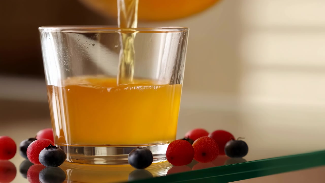 Succo d'arancia versato in un bicchiere con mirtilli e ribes rosso su una mensola di vetro, luce calda del mattino, polposo.