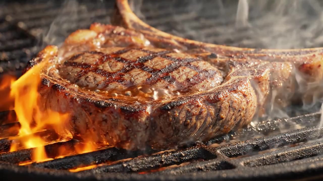 Juicy Grilled Steak Cooking Over Flames: A Mouthwatering Close-Up of Perfectly Seared Meat on the Grill, Showcasing Delicious Char Marks and Succulent Juices