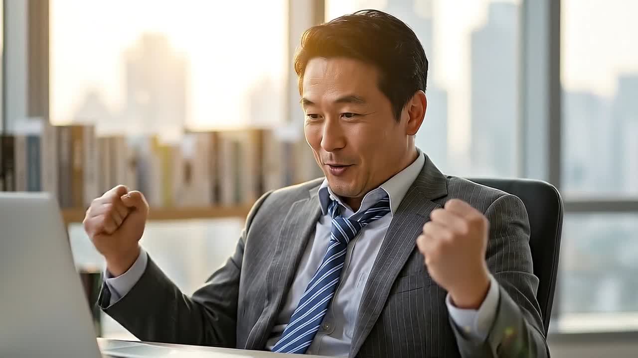 オフィスでノートパソコンを見て成功を喜ぶ幸せそうなビジネスマン