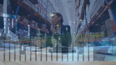 animation of data processing over woman using smartphone working in warehouse shipping centre