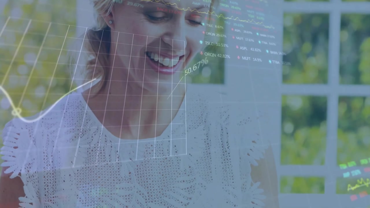 Mid adult woman entering patio tapping screen causing finance dashboard charts to float